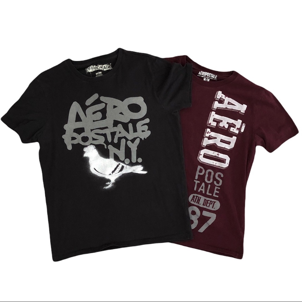 Aeropostale Men Two T-Shirts, Black and Ruby, Both Size Medium